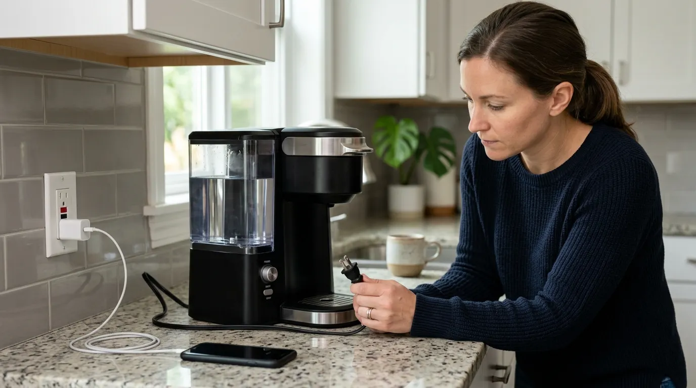 Coffee maker power cord and kitchen outlet being checked during basic troubleshooting