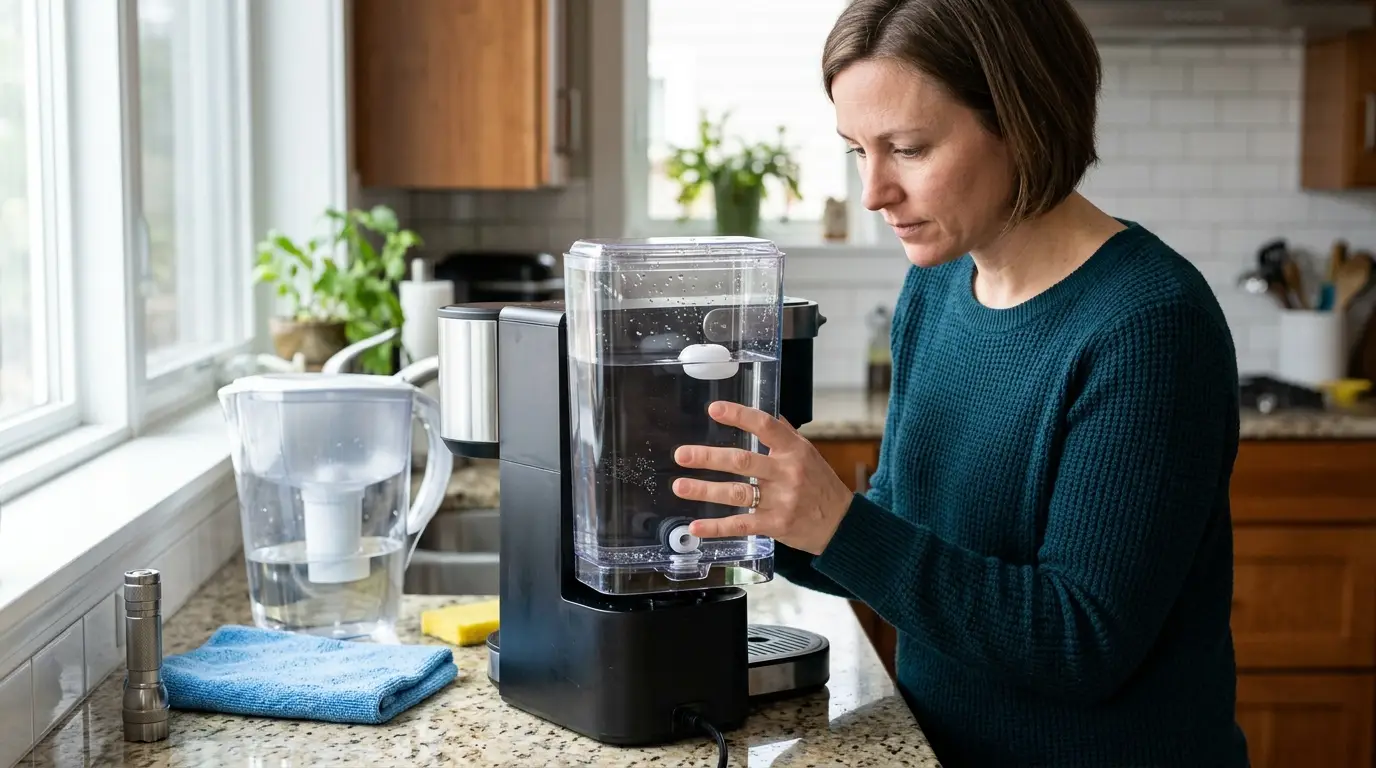A removable coffee-maker reservoir being inspected for proper seating, a free-moving float, clean valve, and trapped air bubbles.