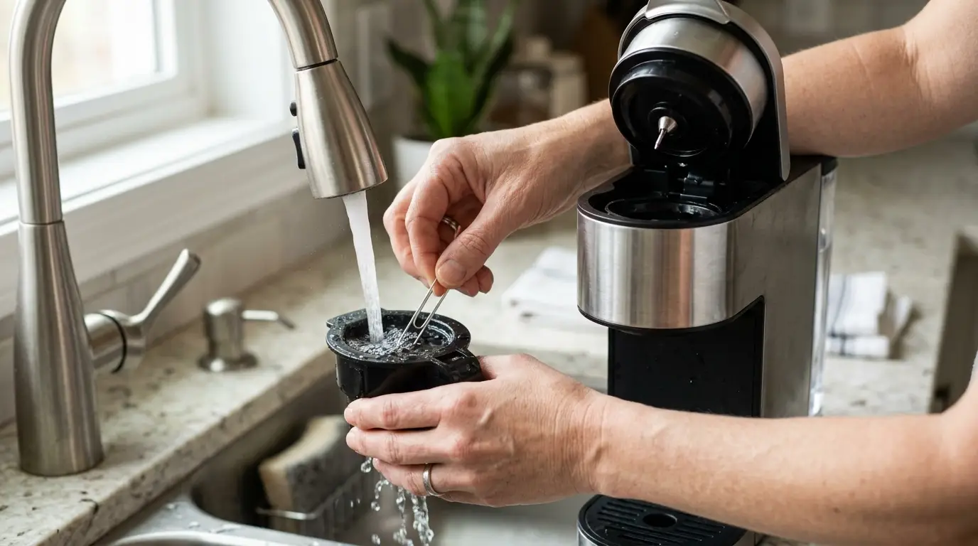 Hands cleaning the Keurig pod holder and brew needles with a straightened paper clip beside a sink.