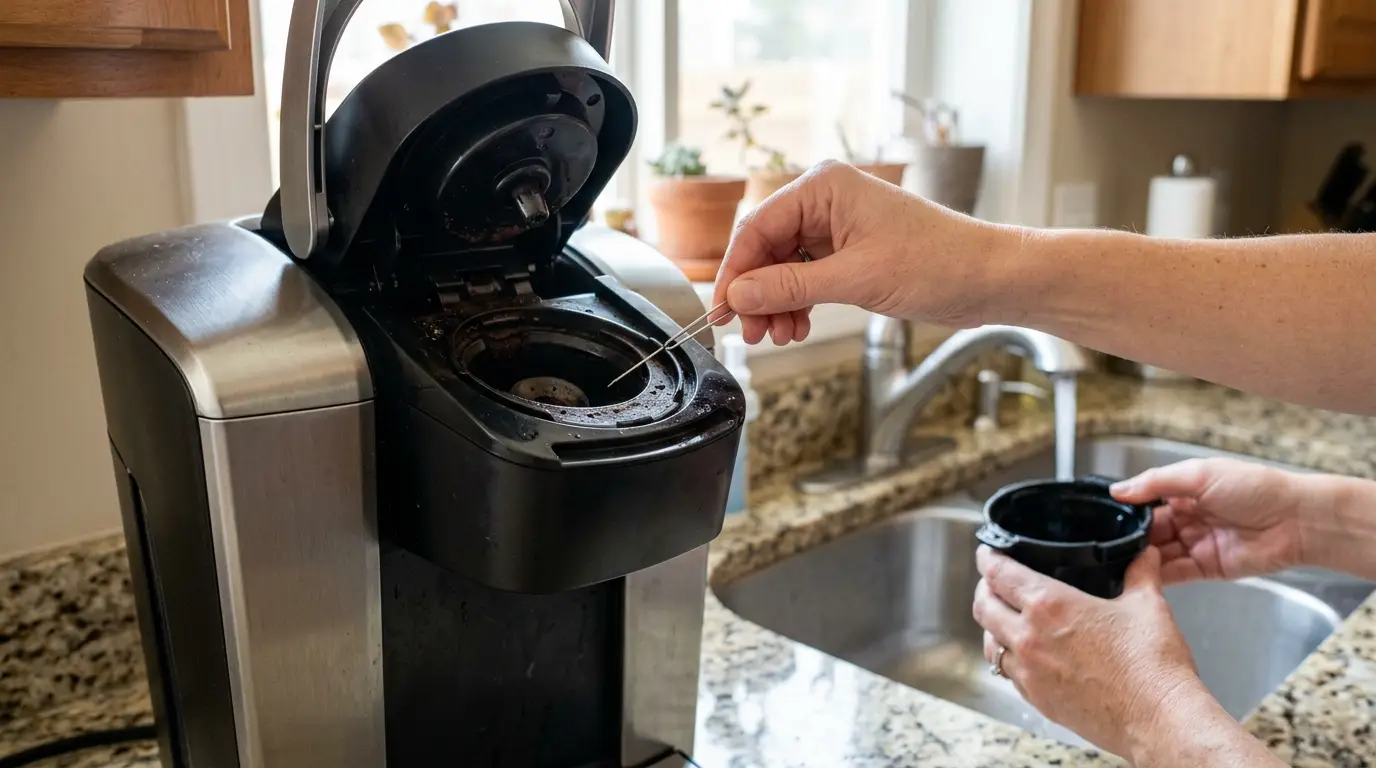 Hands gently cleaning the entrance needle and removable pod holder of a Keurig coffee maker with a straightened paper clip.