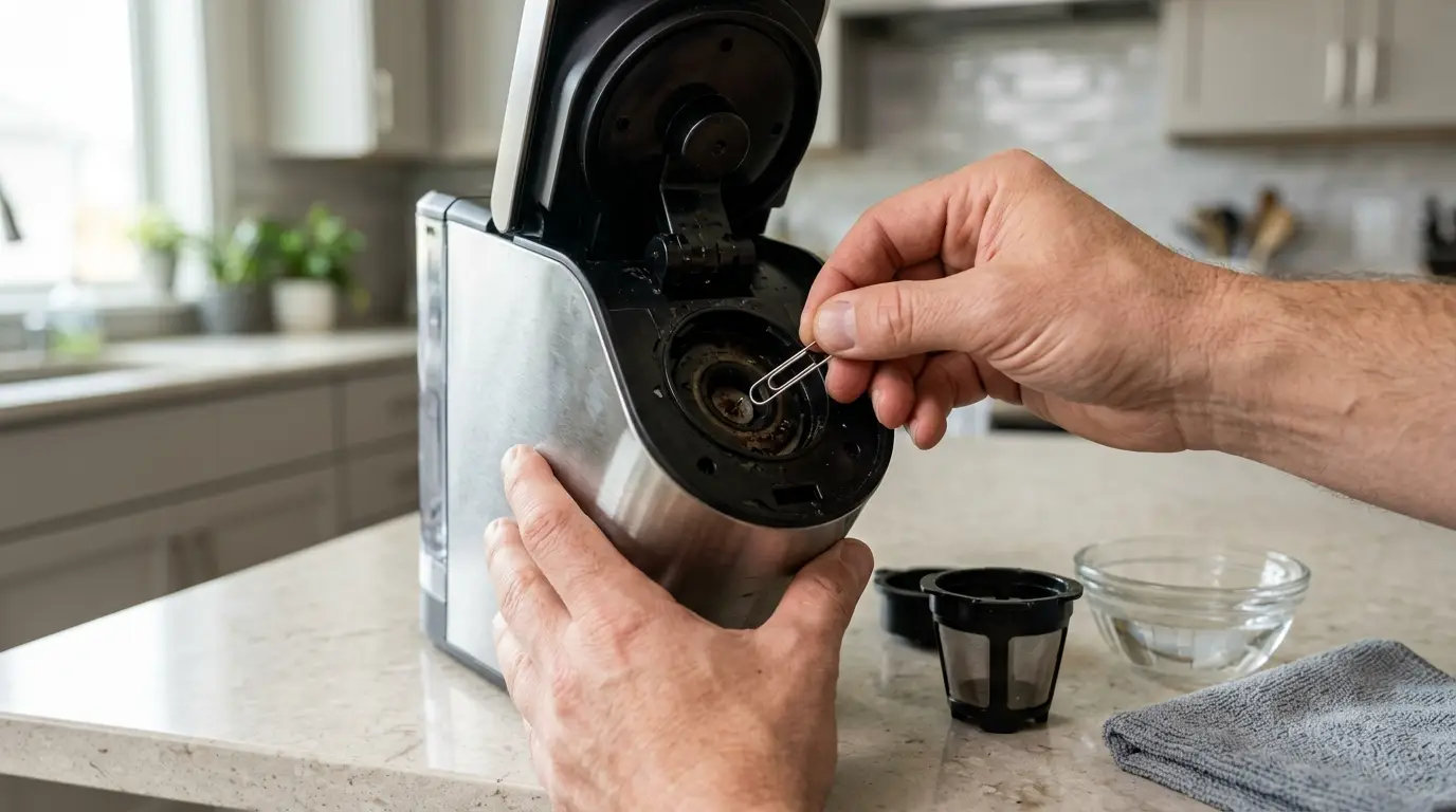 Hands carefully cleaning the entrance needle and removable pod holder of a Keurig coffee maker using a straightened paper clip.