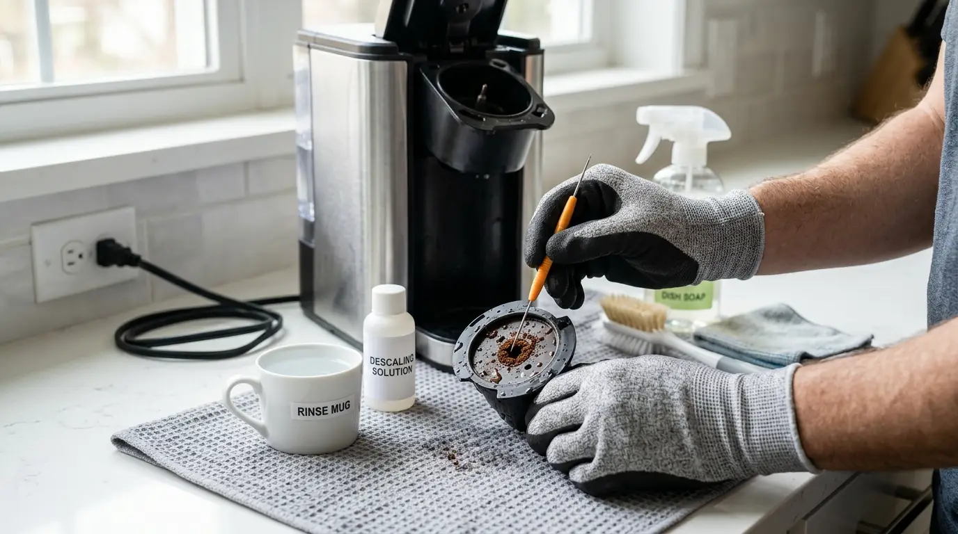 An unplugged pod coffee maker being cleaned with its removable pod holder, soft brush, rinse water, and needle-cleaning tool.