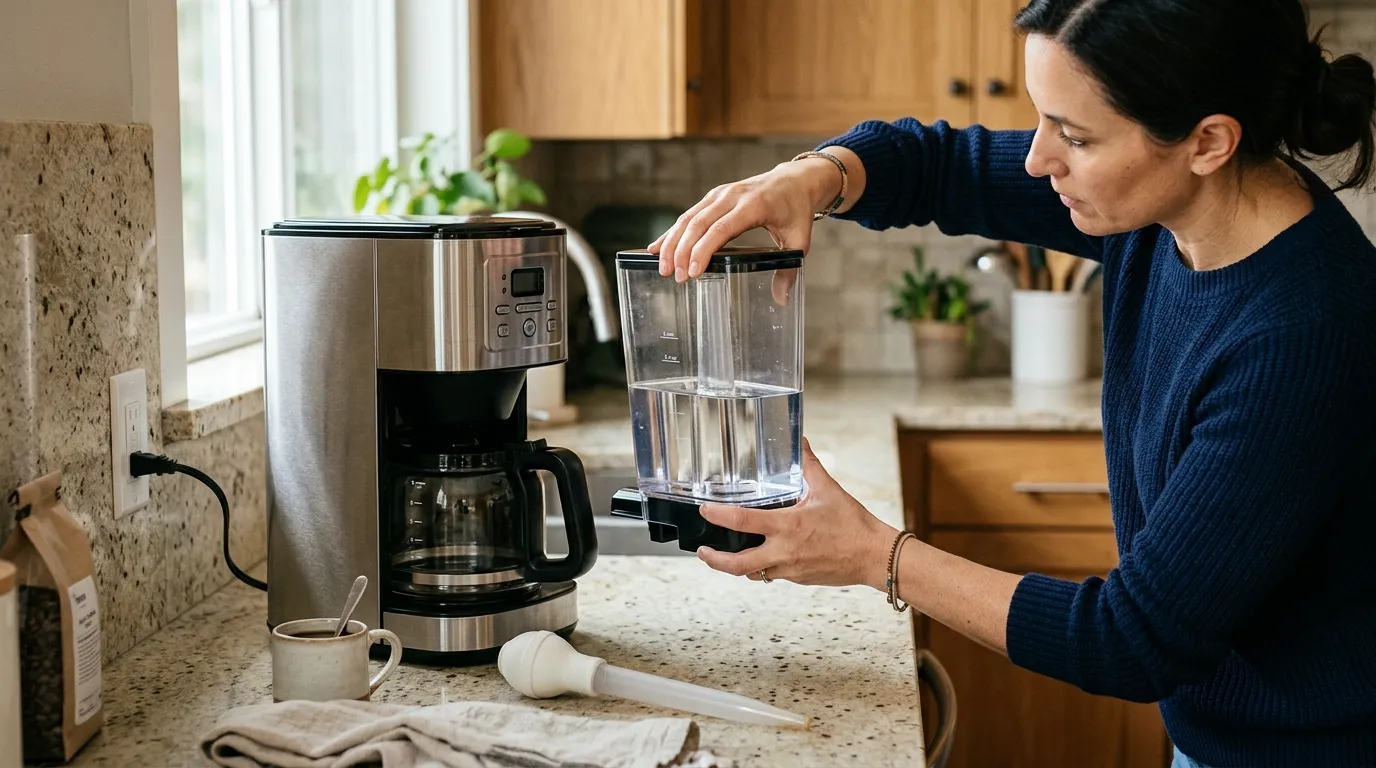 Coffee maker water reservoir and intake area being checked to restore water flow after an air lock