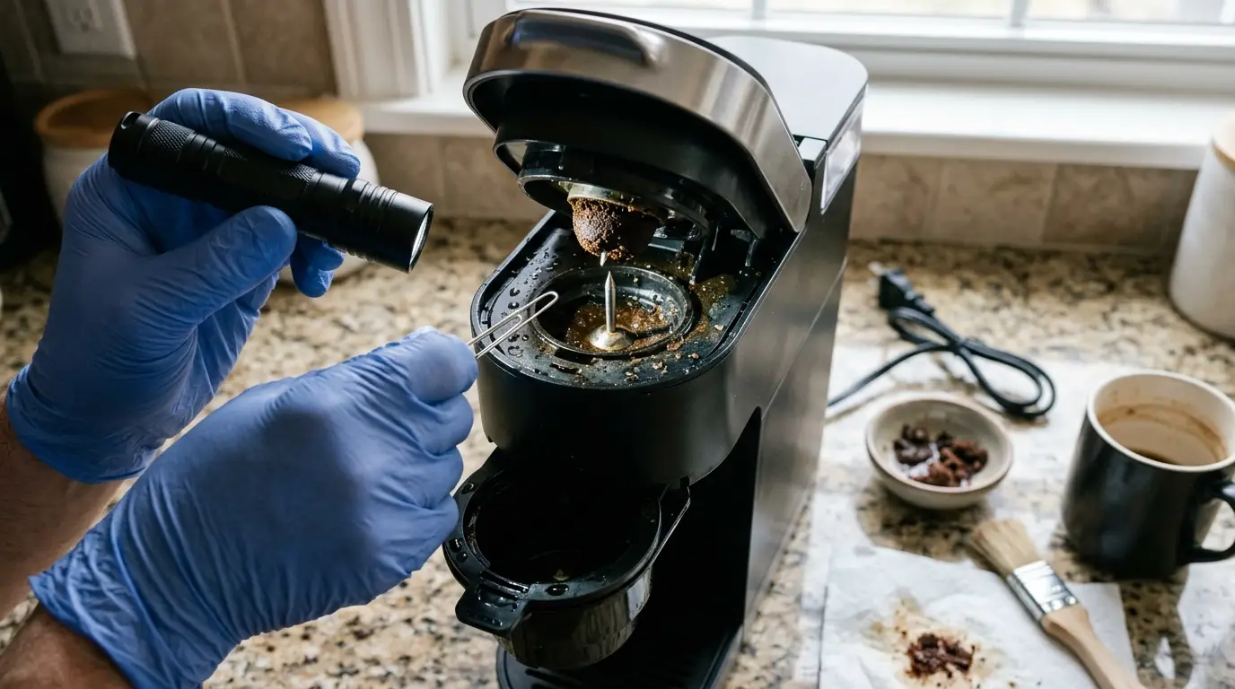 A flashlight revealing compacted coffee grounds inside the upper needle of an unplugged single-serve coffee maker.