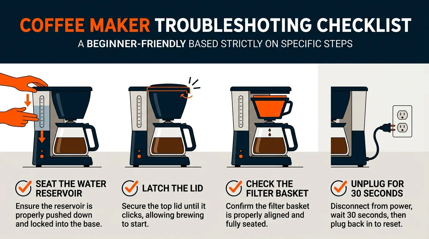 Hands checking a coffee maker water reservoir, filter basket, lid, and power connection during basic troubleshooting