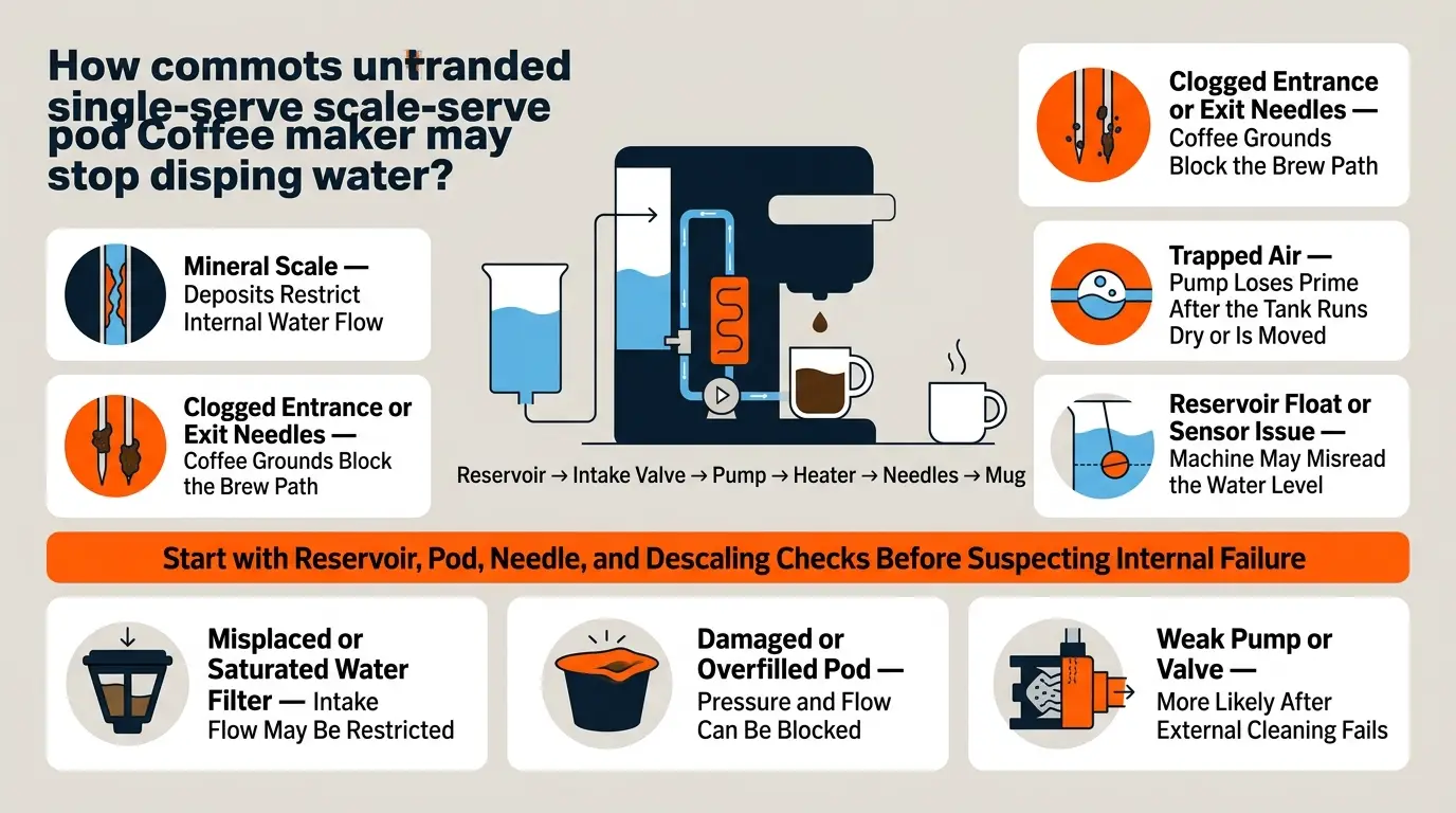 An infographic showing scale buildup, clogged needles, trapped air, reservoir sensor problems, filter blockage, pod issues, and pump failure.