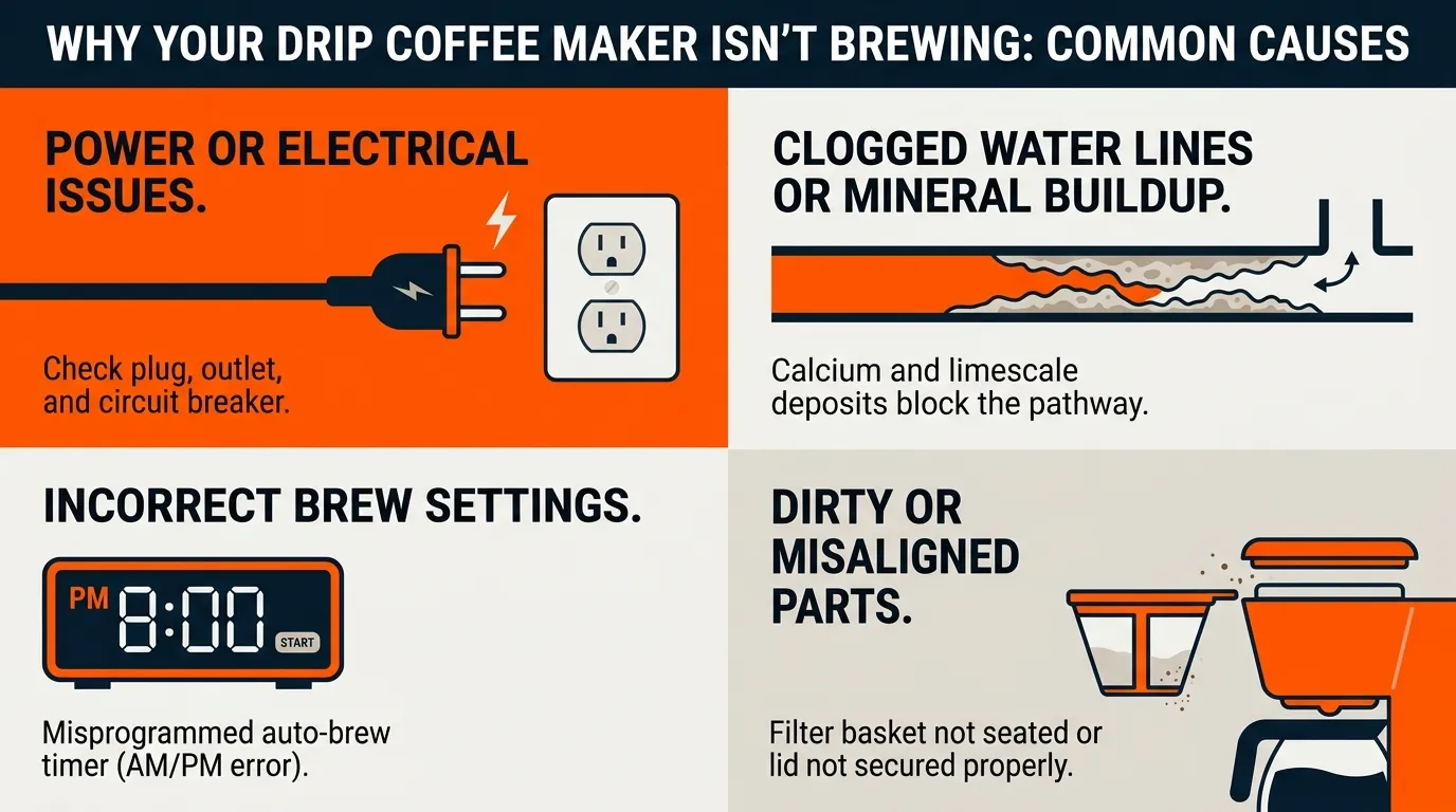 Coffee maker troubleshooting setup showing power cord, water reservoir, filter basket, and brewing components