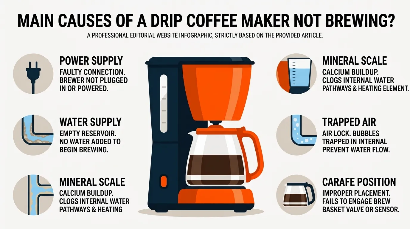 Coffee maker troubleshooting showing water reservoir, glass carafe, power connection, and possible mineral scale buildup
