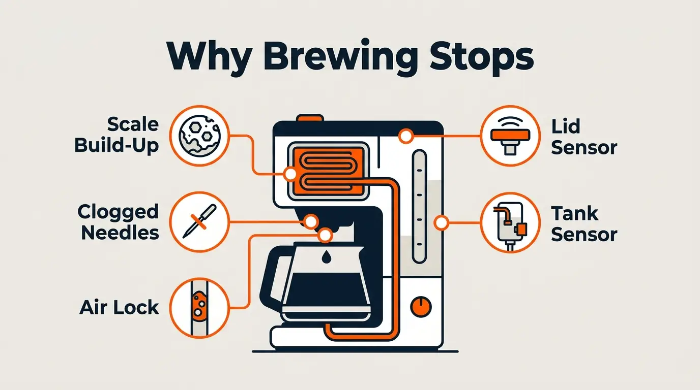 Infographic illustrating the most common causes of brewing failures in a Keurig coffee maker.