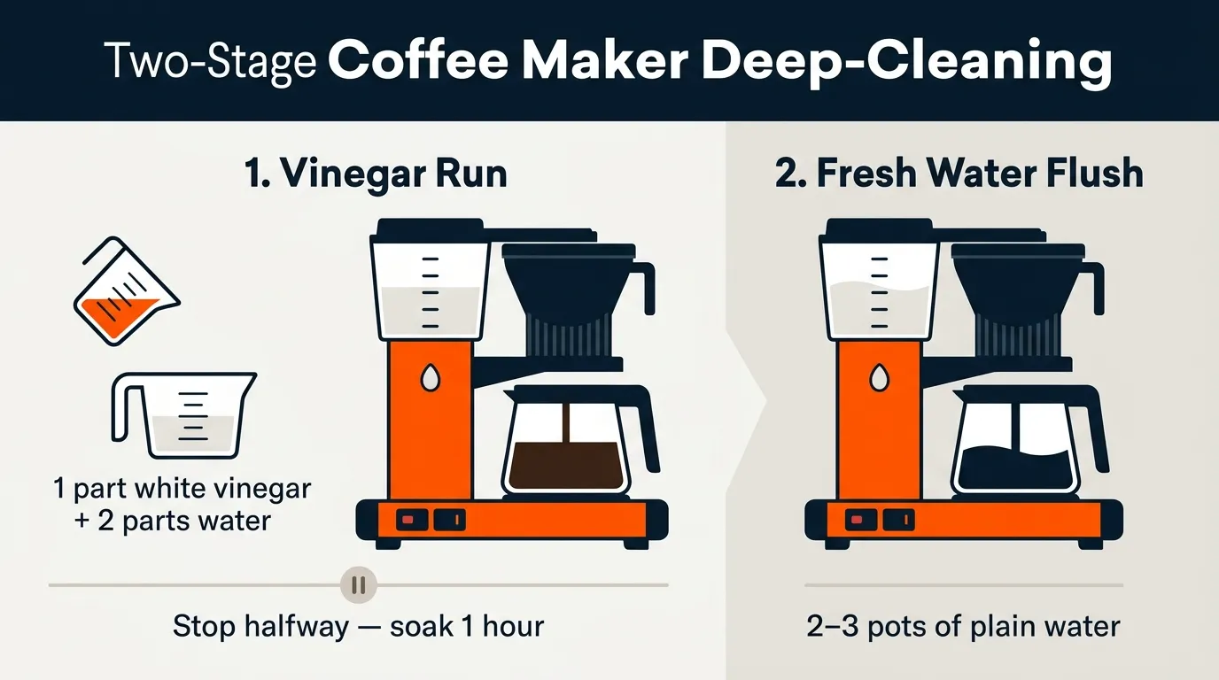 Coffee maker being deep cleaned with a vinegar solution followed by fresh water flushing