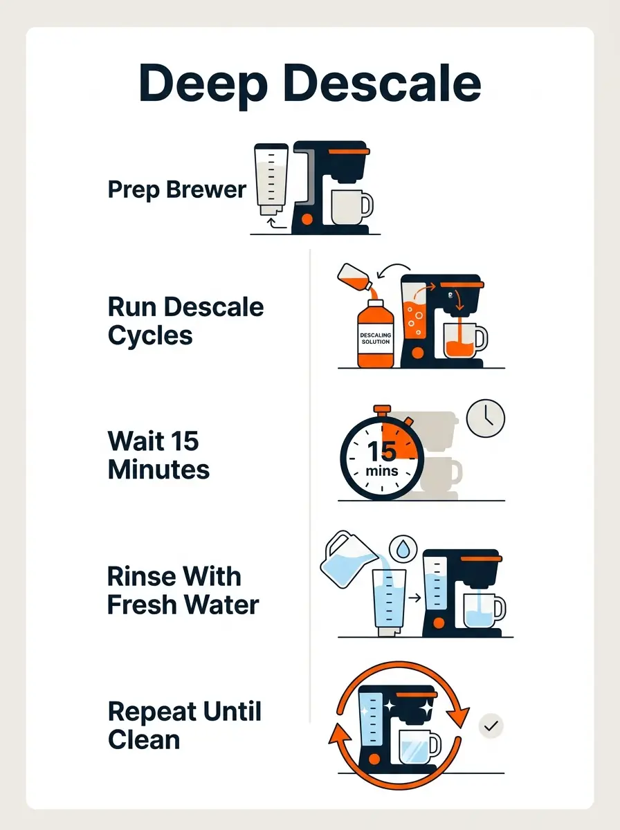 Step-by-step infographic showing the complete descaling and rinse process for a Keurig coffee maker.