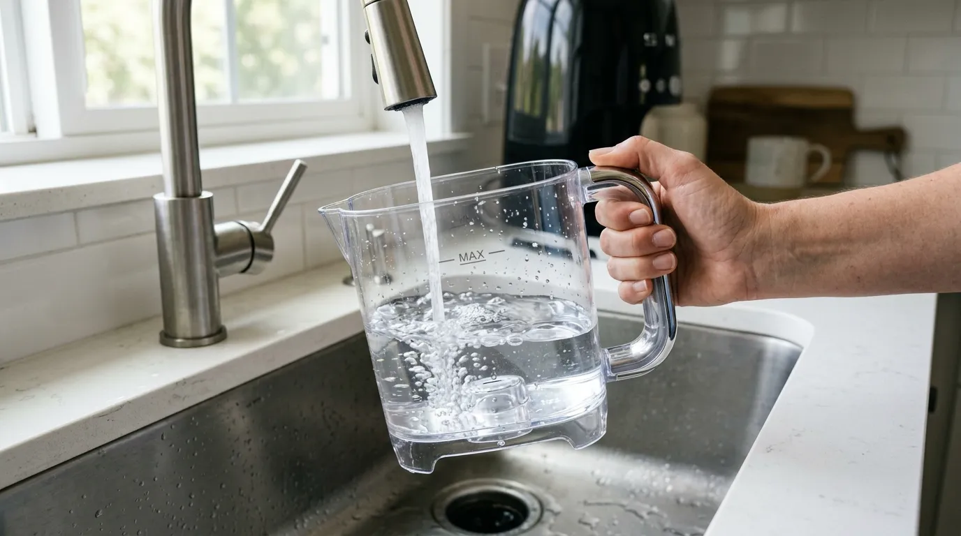 Clear coffee maker reservoir being filled with fresh water below the MAX line at a kitchen sink