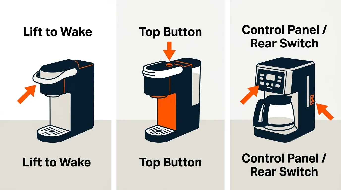 Three single-serve coffee maker designs showing different power and wake-up controls