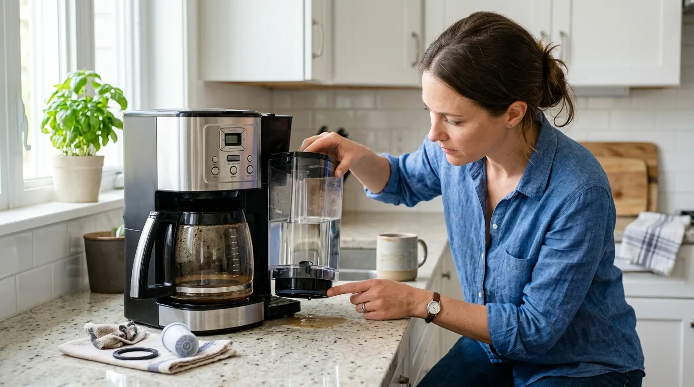 Coffee maker being inspected for leaks around the water tank, brew basket, and base
