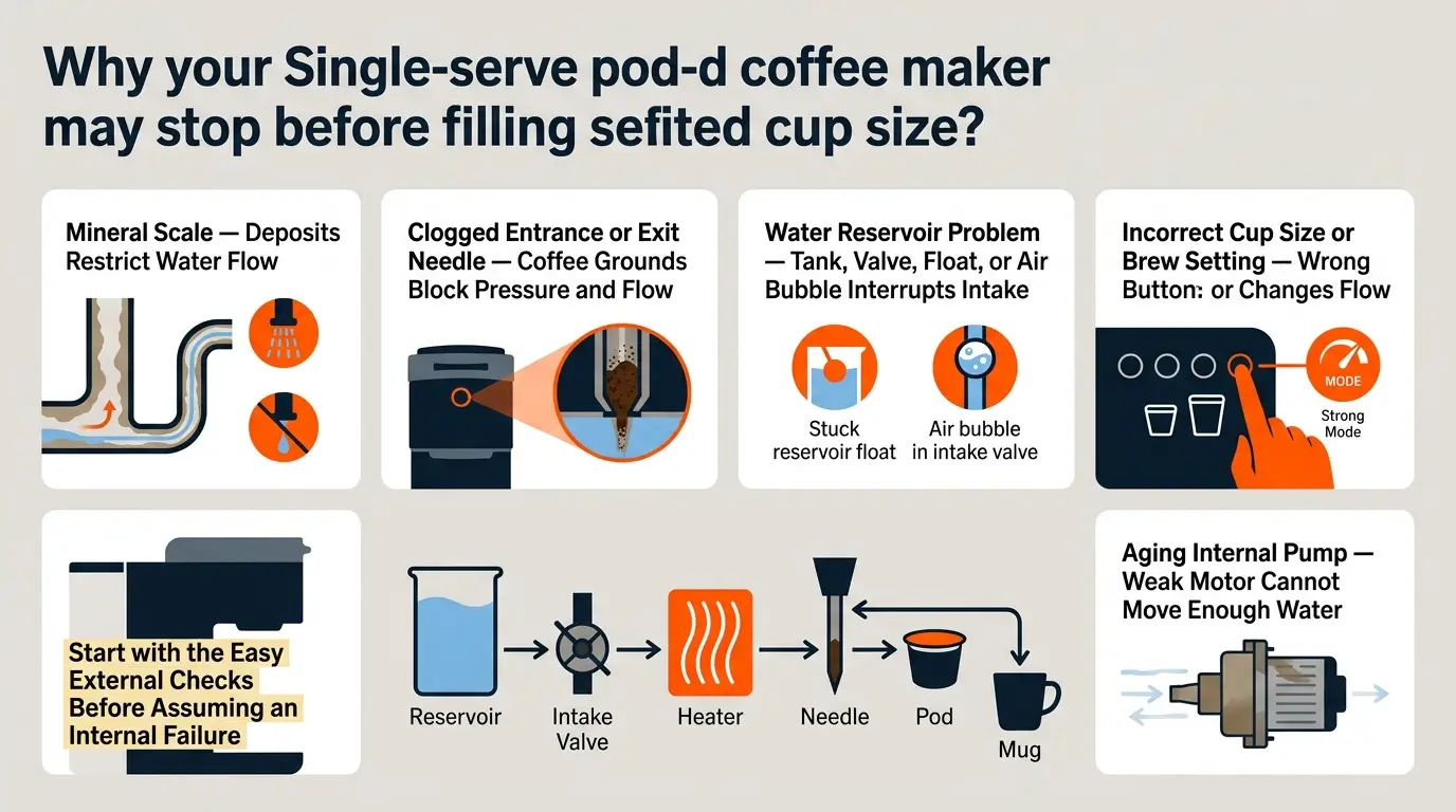 An infographic showing mineral scale, clogged needles, reservoir problems, incorrect settings, and a weak internal pump as causes of short cups.