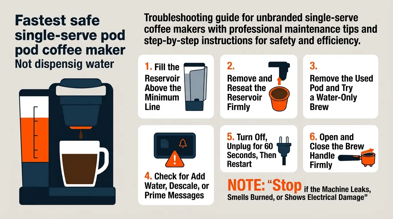 A checklist showing reservoir seating, water level, pod removal, warning messages, power reset, and handle closure.