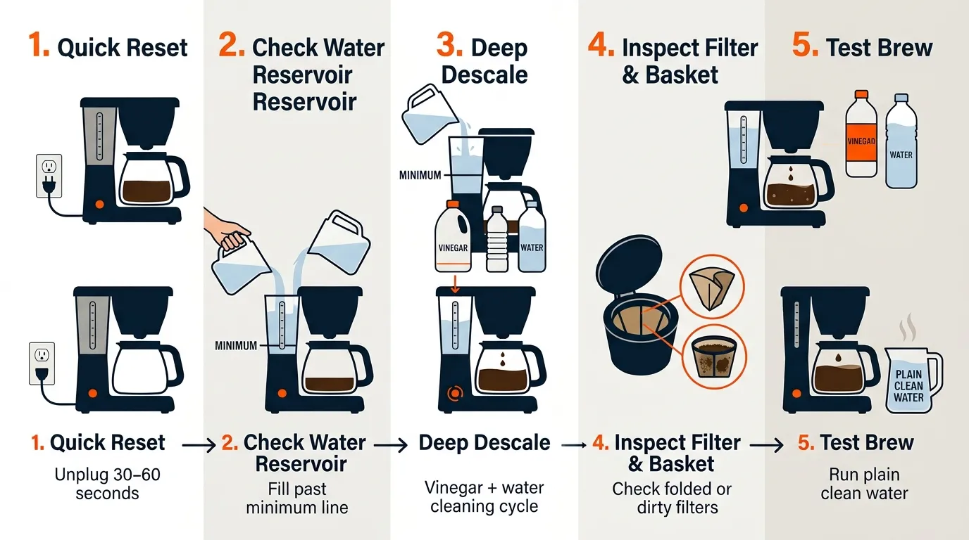 Step-by-step coffee maker troubleshooting process showing reset, water check, descaling, filter inspection, and test brew