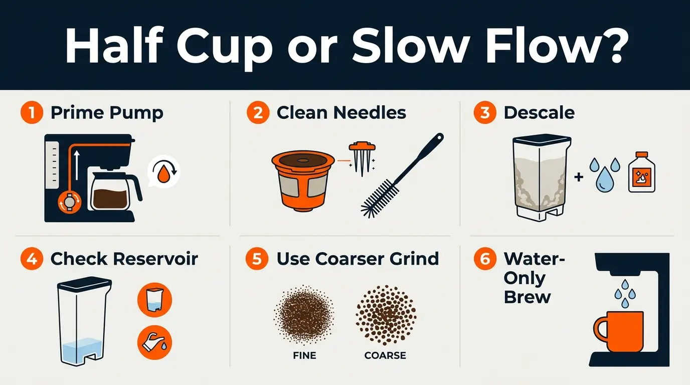 Editorial infographic explaining the most common causes of slow brewing and incomplete coffee cups.