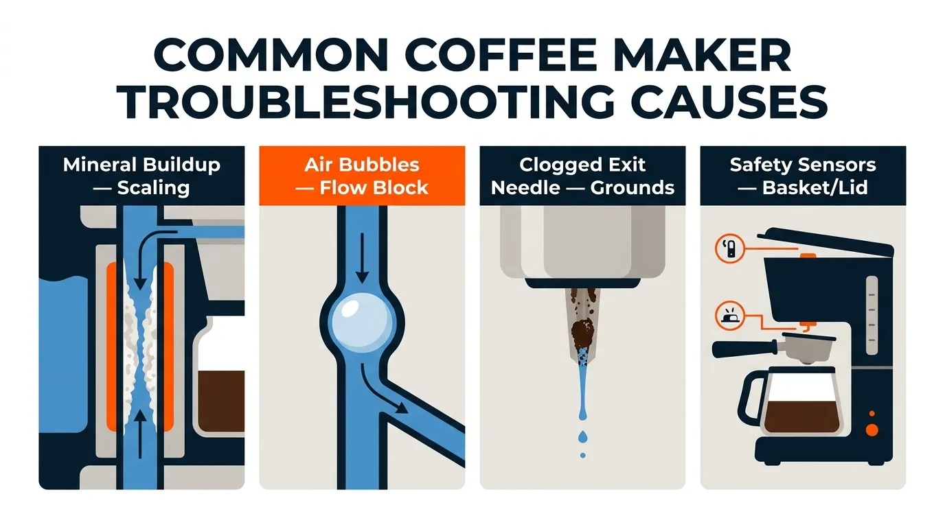 Coffee maker troubleshooting diagram showing mineral buildup, air bubbles, clogged exit needle, and improperly seated basket