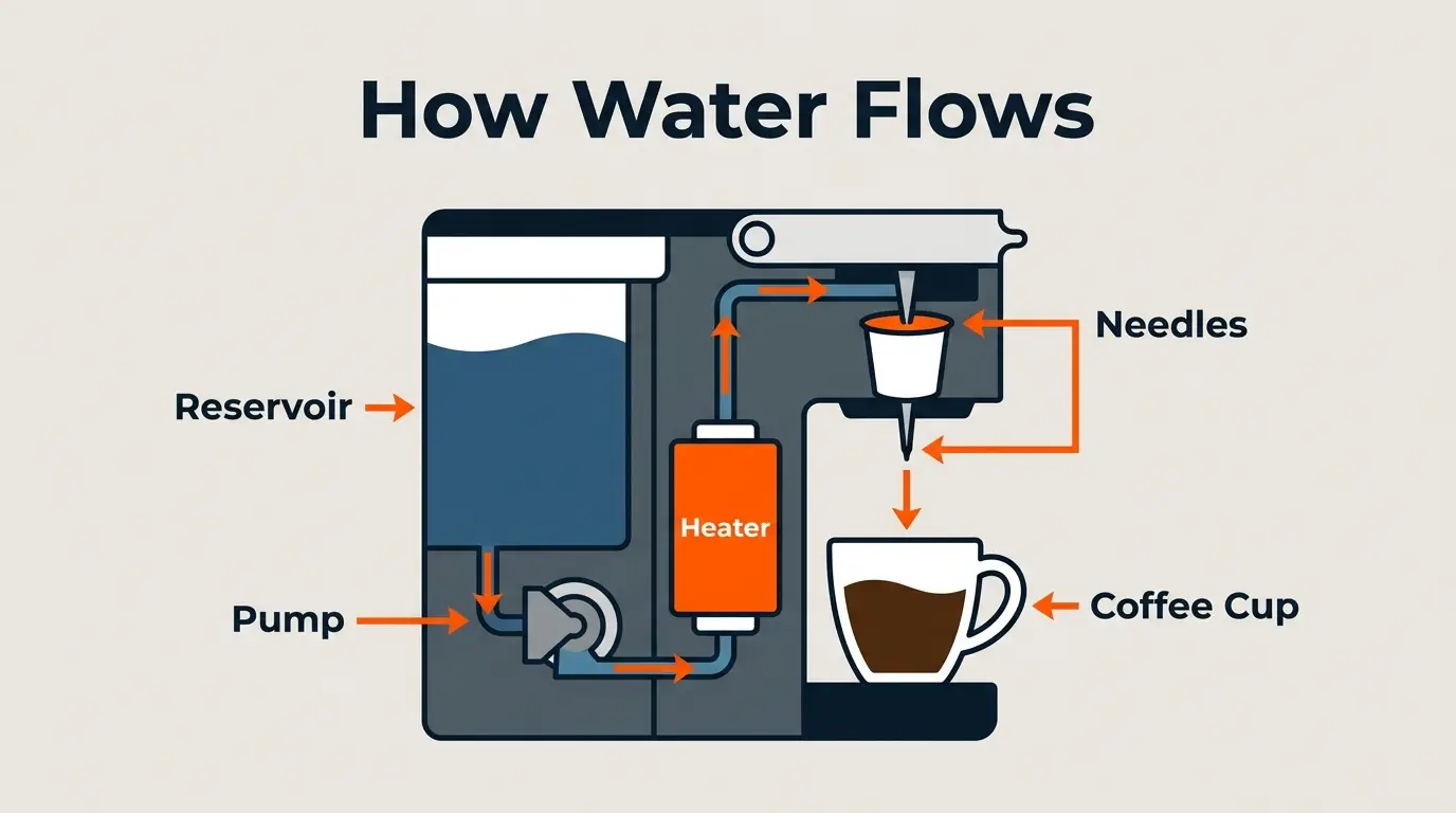 Infographic illustrating how water travels through a Keurig coffee maker from the reservoir to the coffee cup.