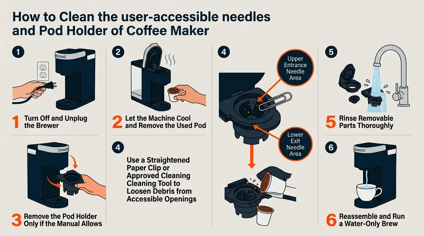 A safety infographic showing how to unplug the brewer, remove the pod holder, clear accessible needle openings, rinse parts, and run a water-only cycle.