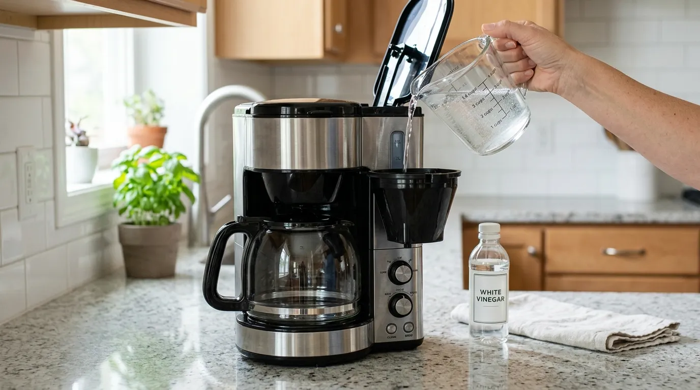 Drip coffee maker being descaled with a vinegar and water cleaning solution