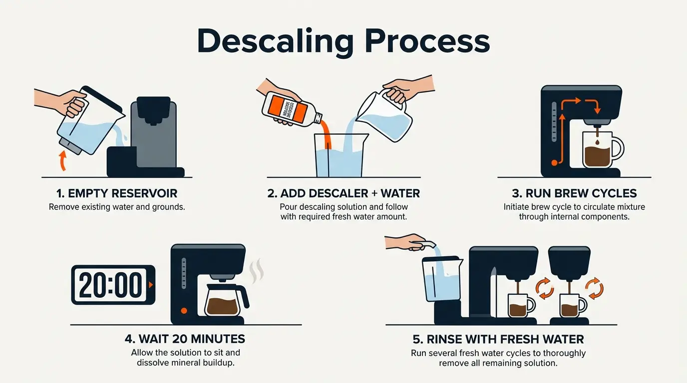 Step-by-step infographic illustrating the descaling process for a Keurig coffee maker.