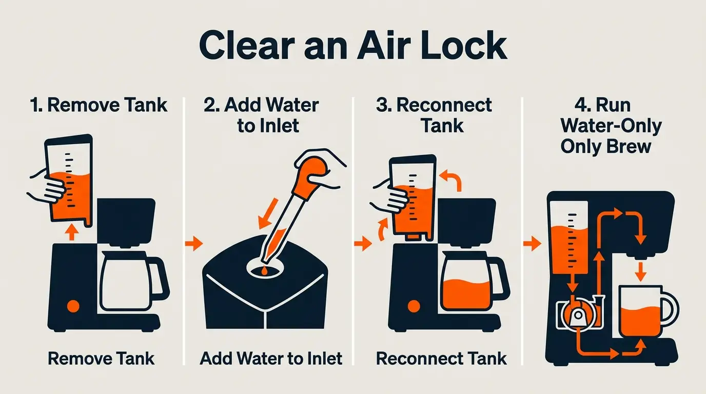 Infographic showing the safe method for priming a Keurig coffee maker pump to clear trapped air.