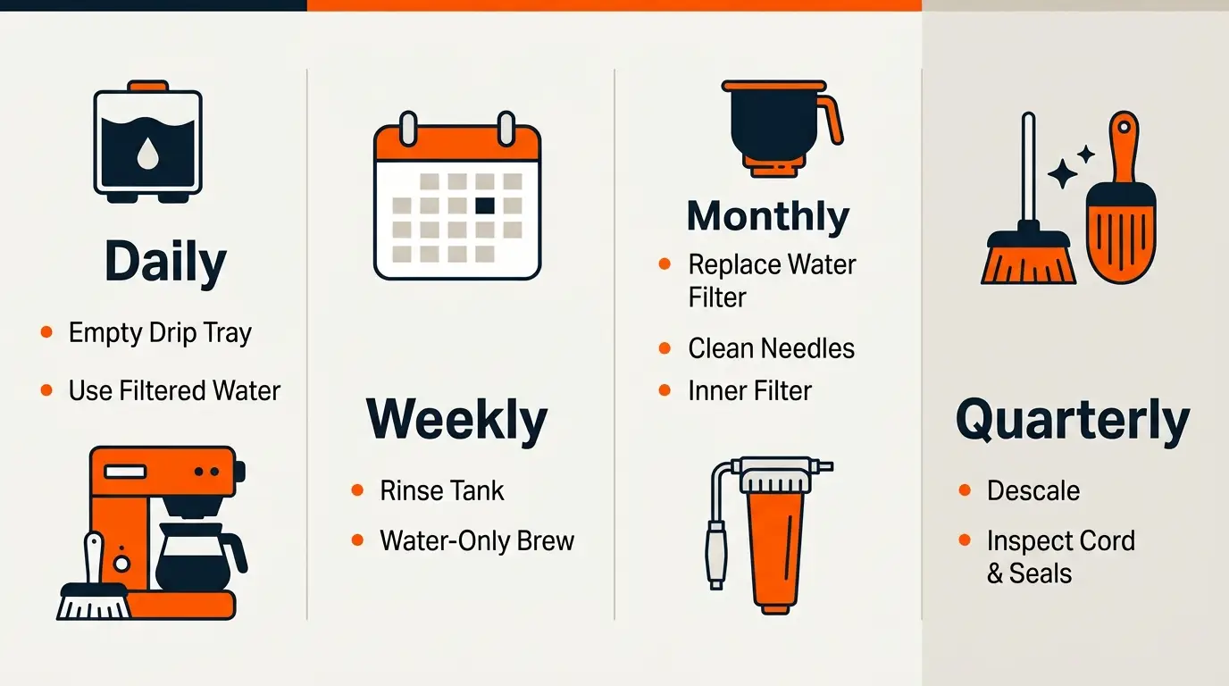 Maintenance schedule infographic showing weekly, monthly, quarterly, and daily care for a Keurig coffee maker.