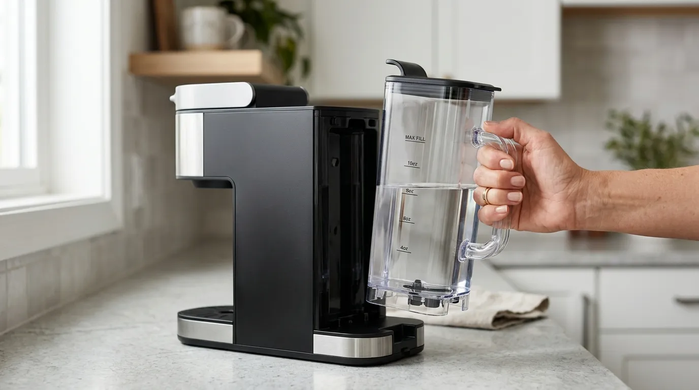 Hand gently lifting a removable clear water reservoir from the side of a single-serve coffee maker