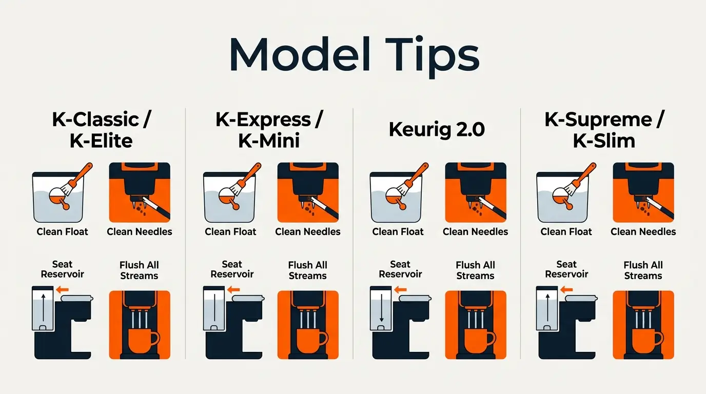 Comparison infographic showing maintenance priorities for different Keurig coffee maker model families.