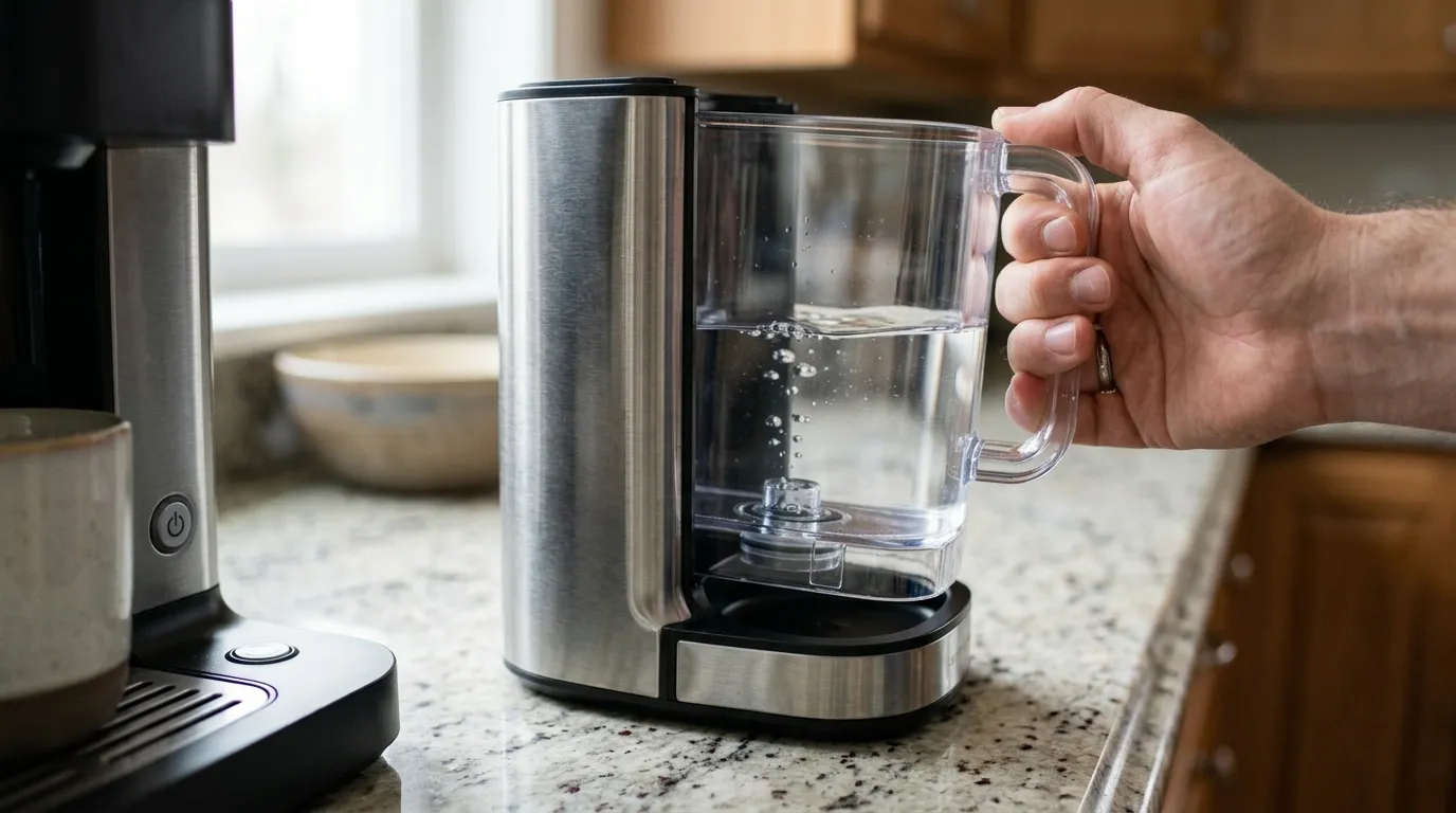 Single-serve coffee maker water reservoir being correctly reseated on its base