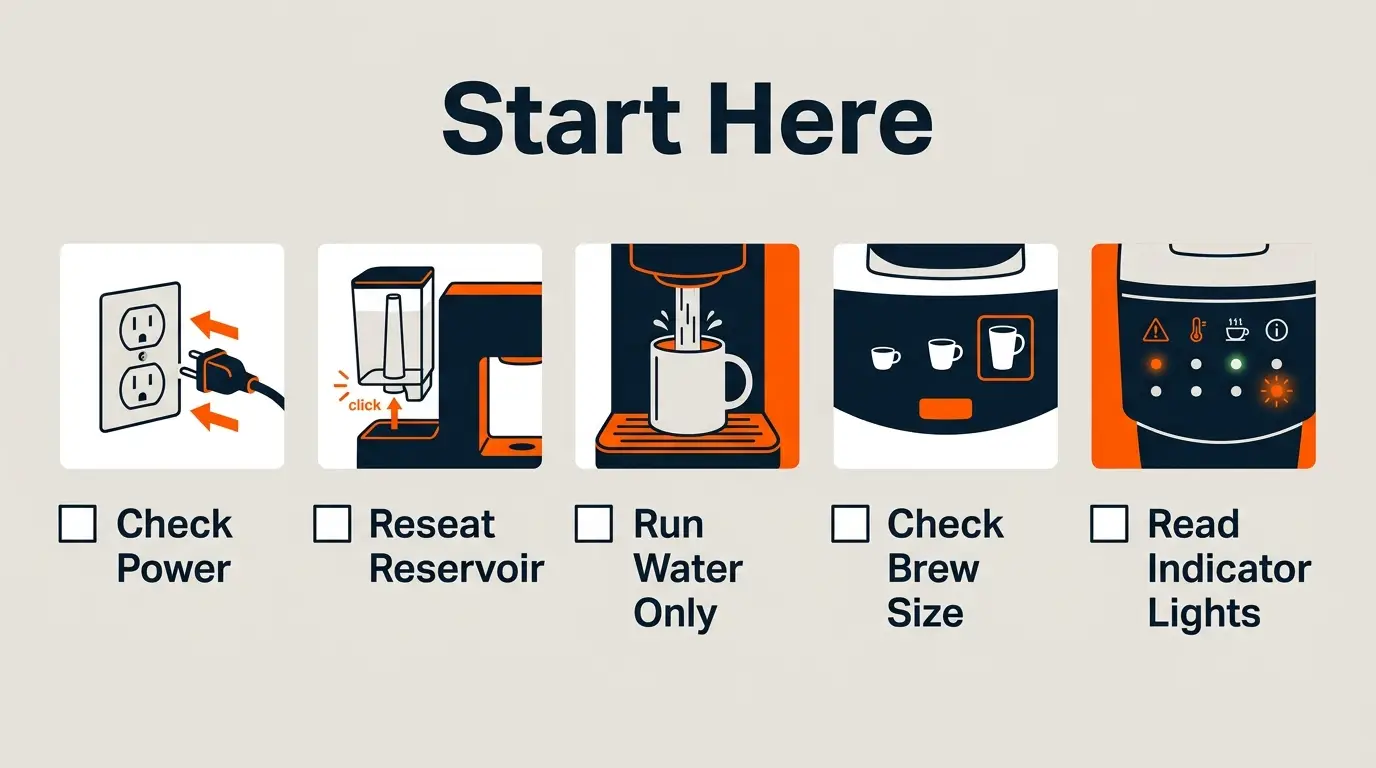 Editorial checklist showing the first troubleshooting steps for a Keurig coffee maker before deeper repairs.