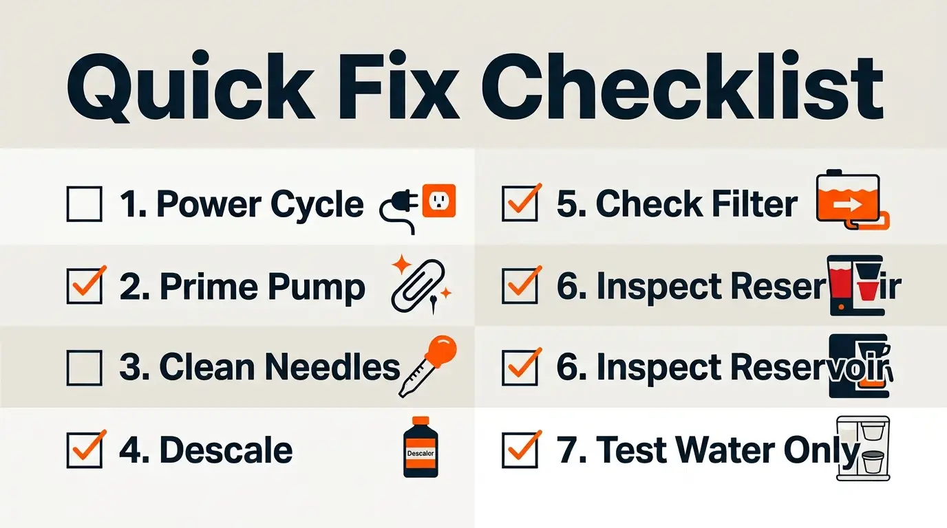 Checklist infographic outlining the main troubleshooting steps for restoring water flow in a Keurig coffee maker.