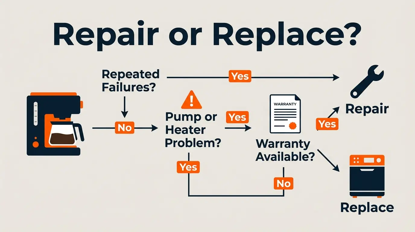 Decision-tree infographic helping homeowners decide whether to repair or replace a Keurig coffee maker.