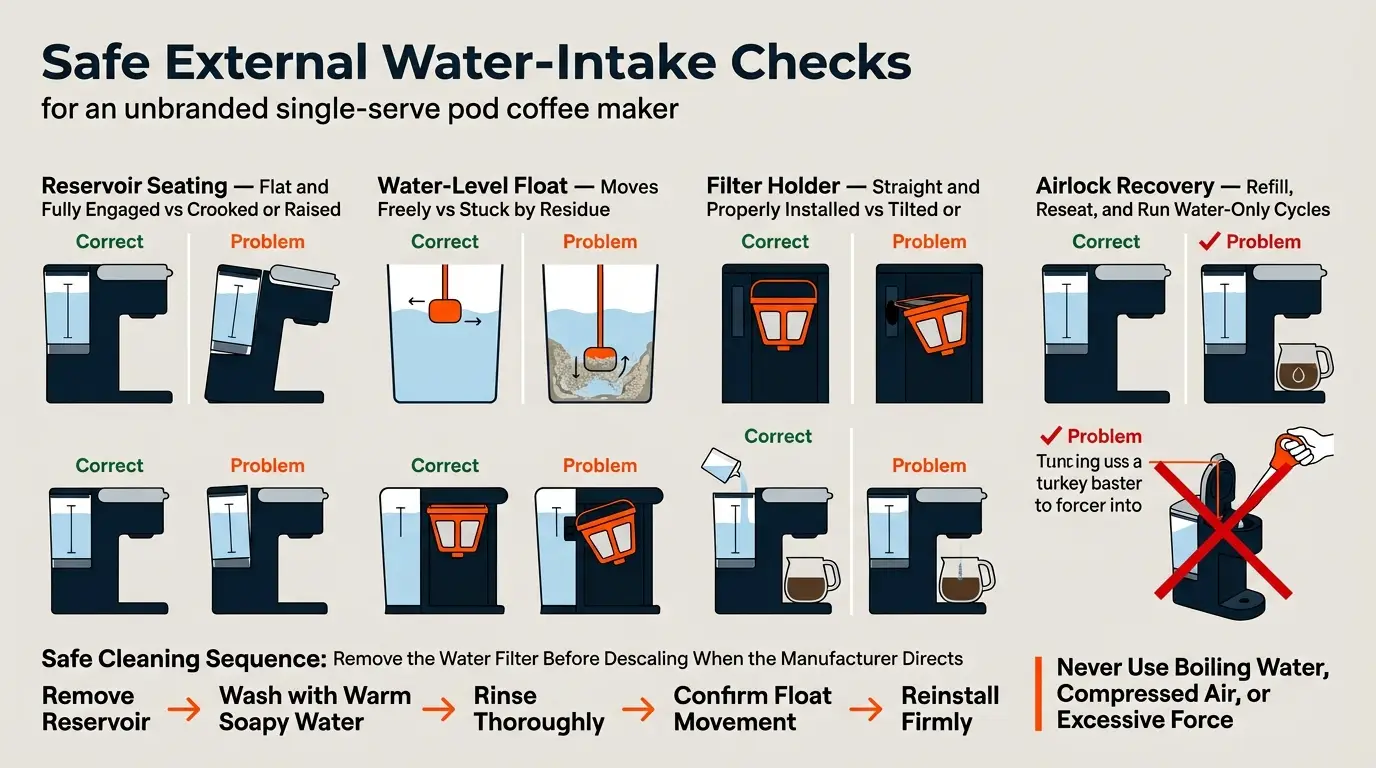 A comparison guide showing correct reservoir seating, a moving float, a properly fitted filter, and safe airlock-clearing steps.