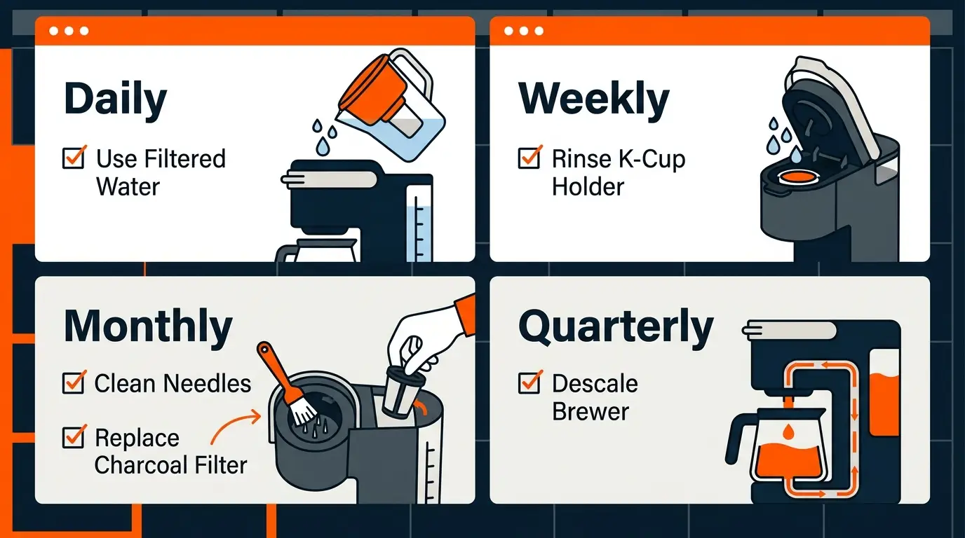 Maintenance schedule infographic showing daily, weekly, monthly, and quarterly Keurig care tasks.