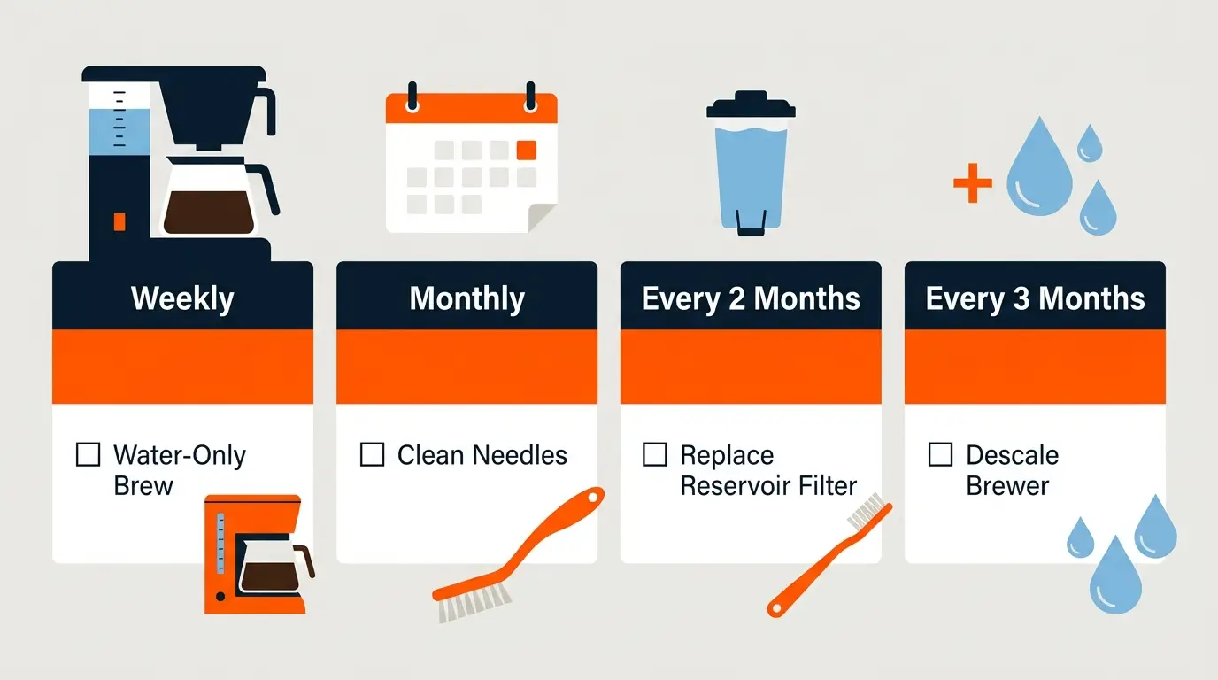 Maintenance schedule infographic showing recommended cleaning and descaling tasks for a Keurig coffee maker.