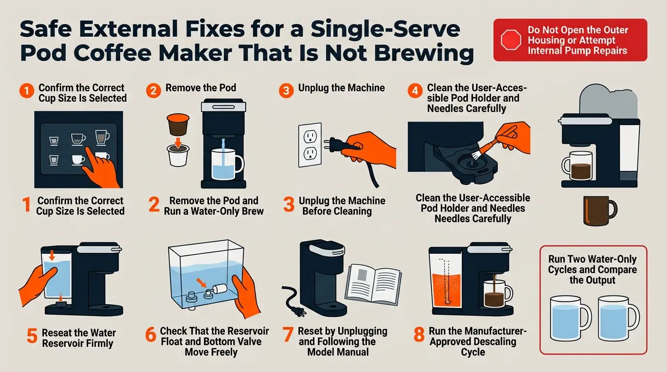 A troubleshooting guide showing descaling, needle cleaning, resetting, reservoir checks, and a water-only test brew.
