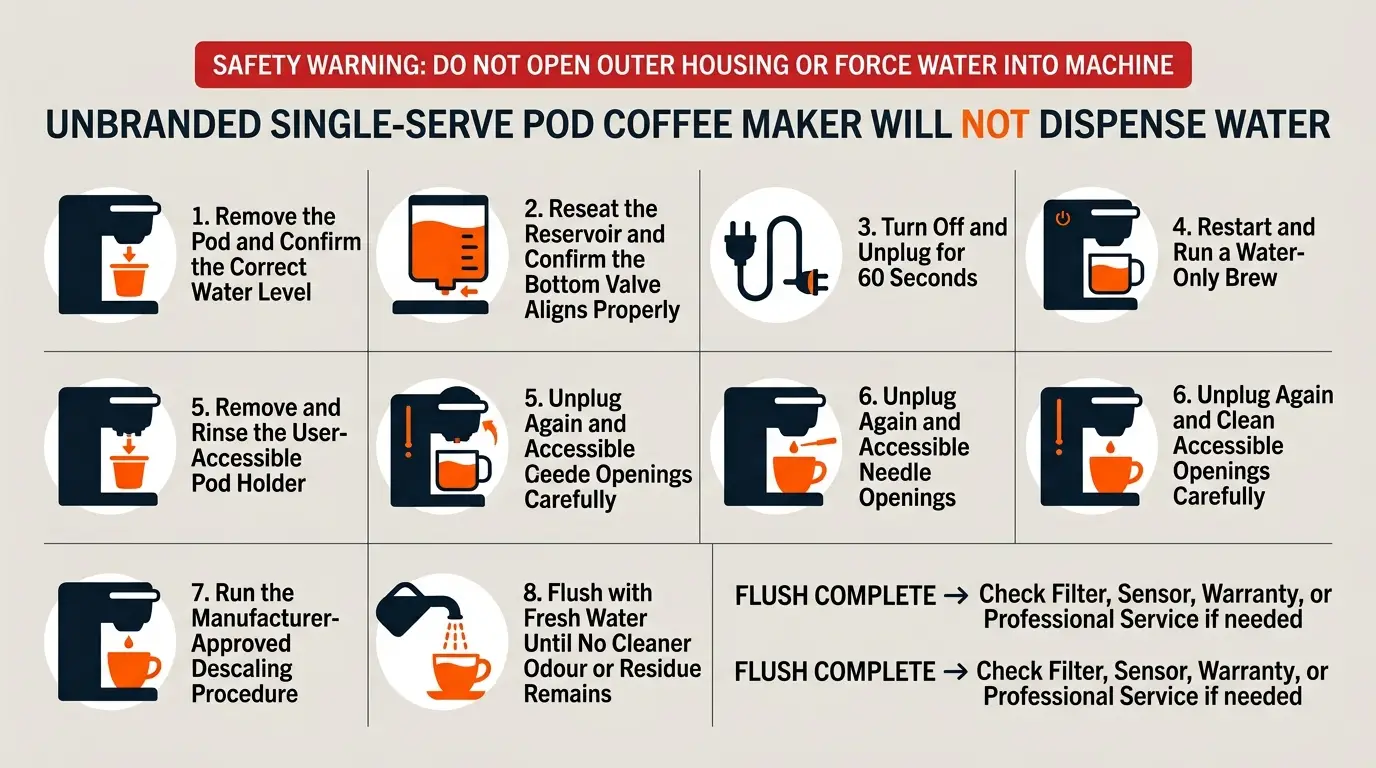 A step-by-step guide showing reservoir checks, reset, water-only brewing, pod-holder cleaning, needle cleaning, and descaling.