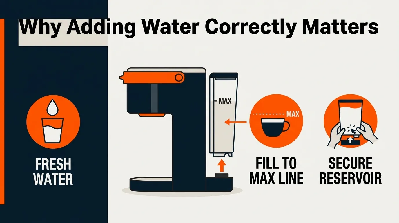 Editorial infographic showing how proper water filling helps protect a coffee maker reservoir and avoid common water-related problems