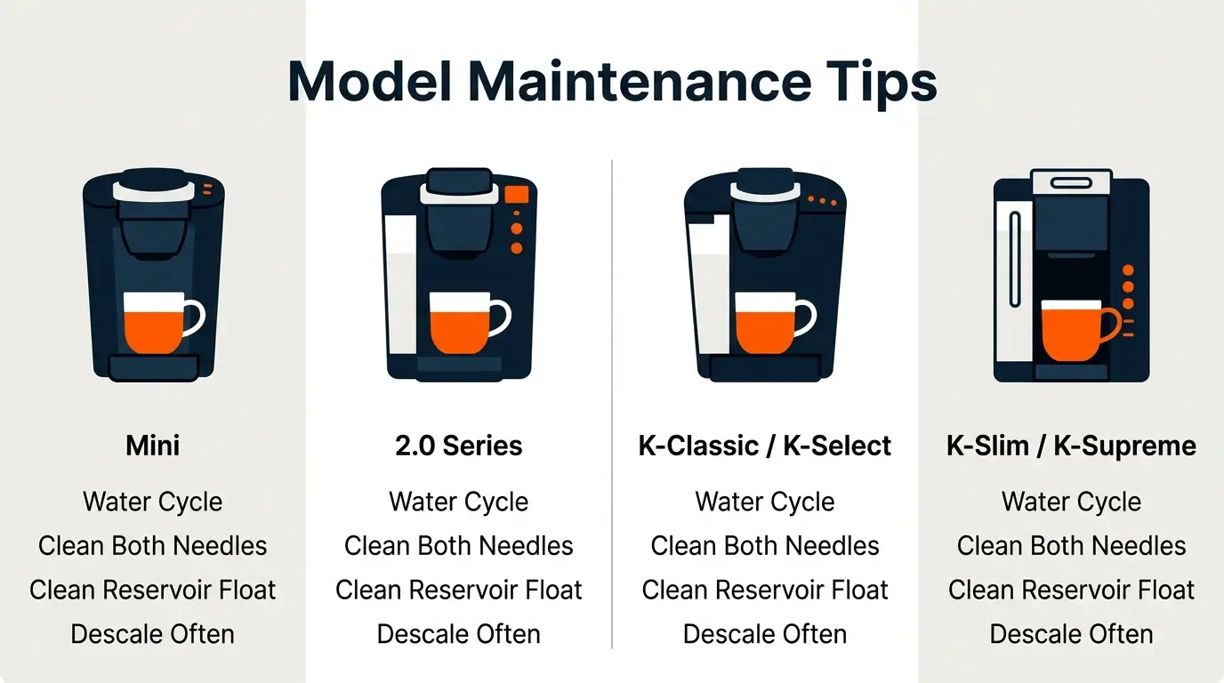 Comparison infographic highlighting maintenance priorities for different Keurig coffee maker model types.