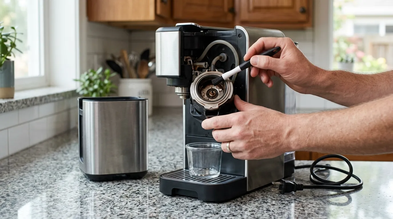 Coffee maker water tank and capsule nozzle being checked to troubleshoot poor water flow