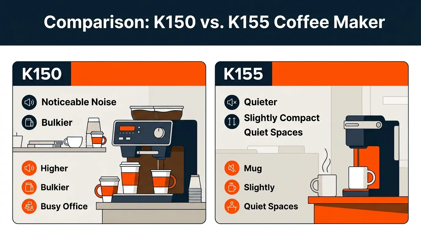 Two commercial coffee makers shown in different office environments to illustrate workload, noise, and counter space differences