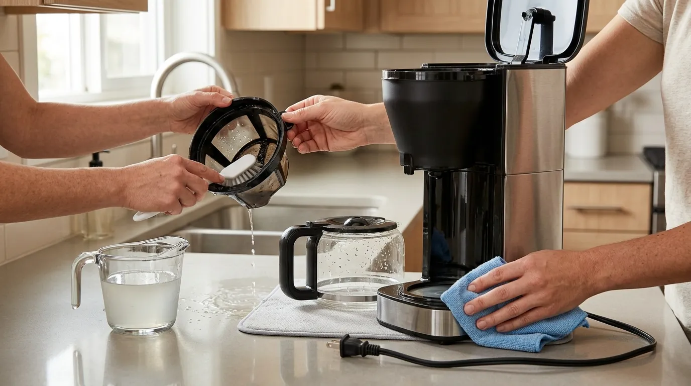 Coffee maker being cleaned and descaled with a removable filter basket, carafe, soft cloth, and cleaning solution