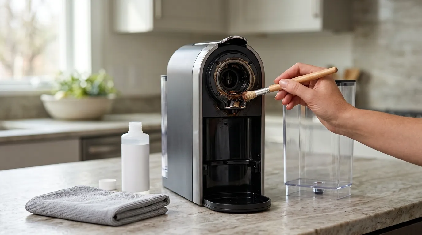 Coffee maker being cleaned and prepared for descaling with its water tank, capsule area, and drip tray