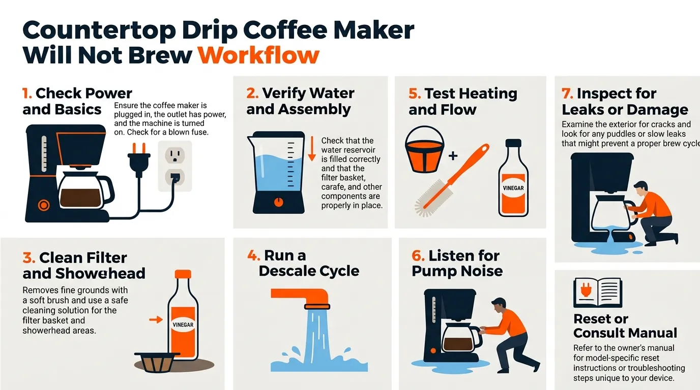 Step-by-step coffee maker troubleshooting process covering power, water, cleaning, descaling, heating, flow, and leaks
