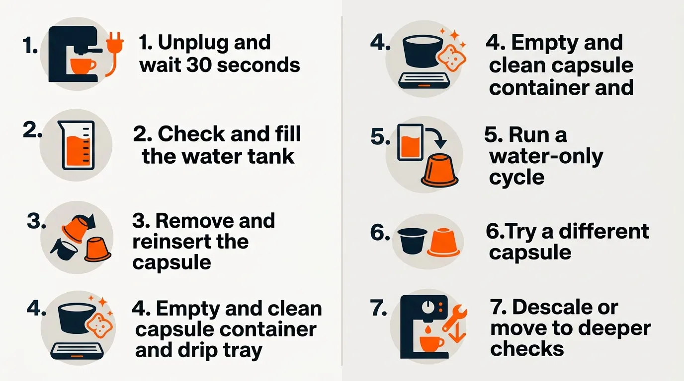 Step-by-step coffee maker troubleshooting checklist showing water tank, capsule, drip tray, and water-only flush checks