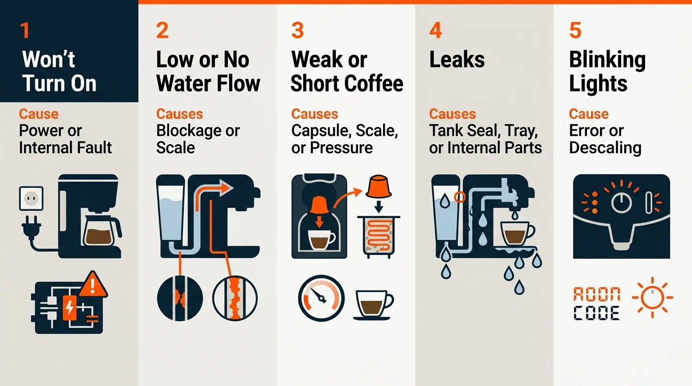 Coffee maker troubleshooting setup showing water flow, capsule, leak, and blinking-light problems