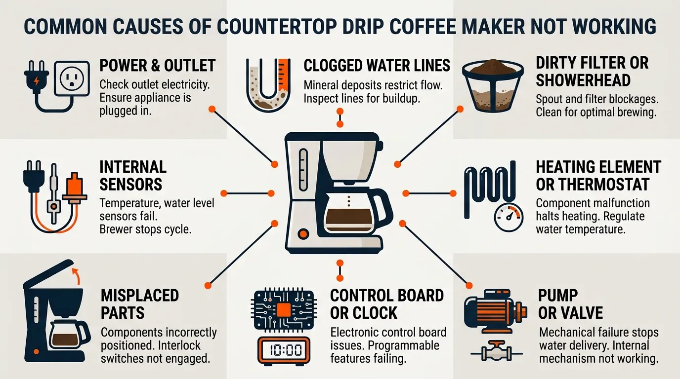 Coffee maker troubleshooting infographic showing power, clogged water lines, dirty filter, heating, pump, and assembly problems